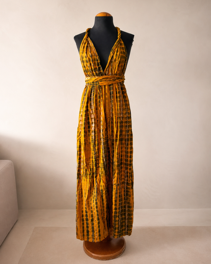 Ibiza Kleid Gold Ocker | Handgefärbtes Batik Maxikleid