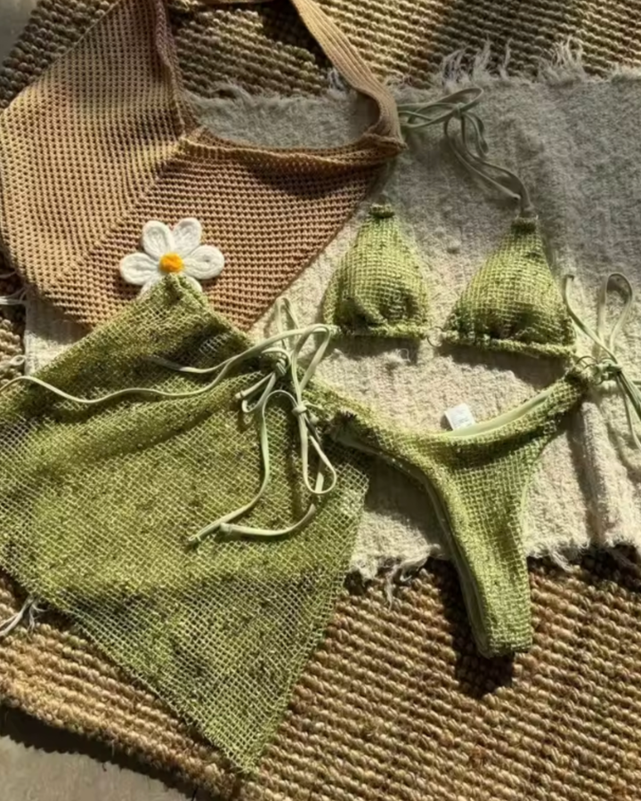 Dreiteiliges Bikini Set Grün | Sommer Damen Bikini mit spezieller Struktur 