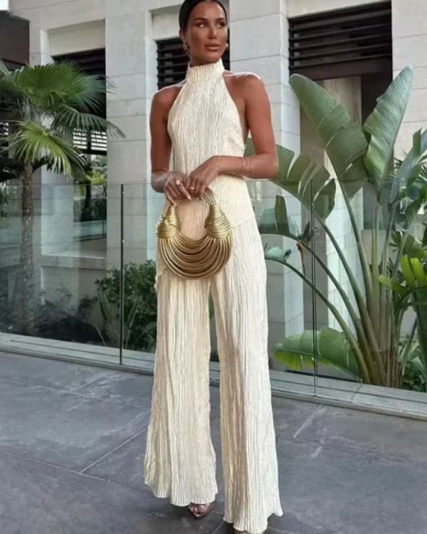 Elegantes Damen-Set aus Plissee Stoff - Weite Hose mit passendem elegantem Kragen Top Rückenfreie