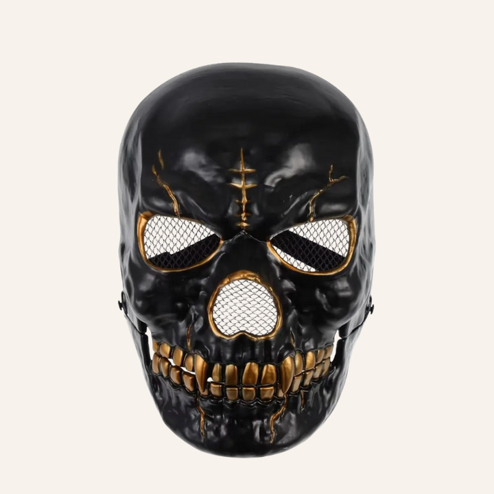 Schwarze Horror Totenkopf Maske mit goldenen Details