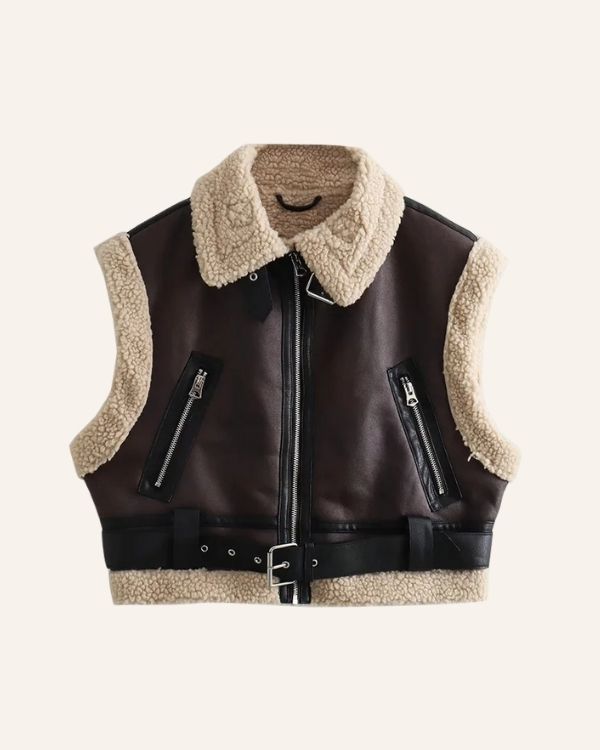 Kurzes Kunstleder Gilet Weste mit Plüschkragen und Gürtel 