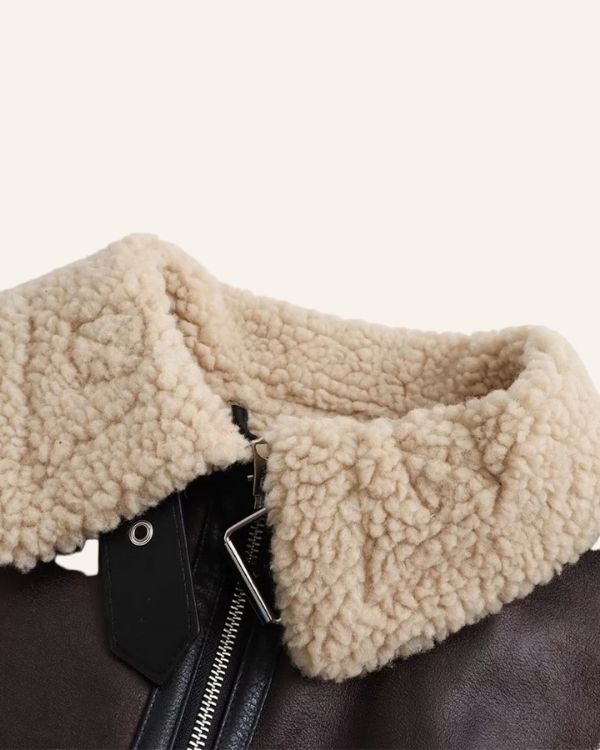 Fashion Gilet Weste aus braunem Kunstleder mit Plüschkragen in beige 