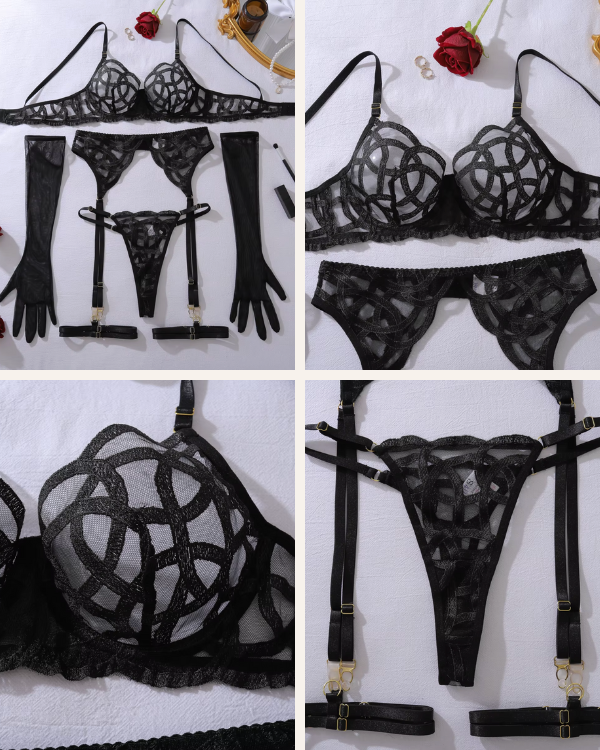Luxus Lingerie Spitze schwarz | Dessous Set mit String und Strapsen Halterung 