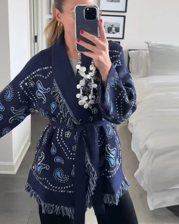 Dunkelblaue Boho Paisley Muster Strickjacke Cardigan - Warme und stillvolle Damen Strickjacke 