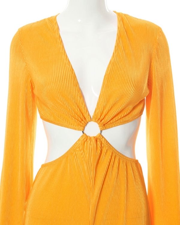 Orangen Damen Jumpsuit mit Kreis auf der Vorderseite - langarm gerippter Fashion Jumpsuit Einteiler 