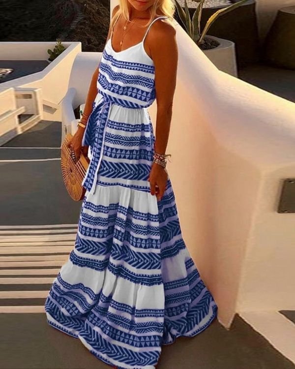 Blau weisses Damen Maxikleid mit Ethno Hippie Style 