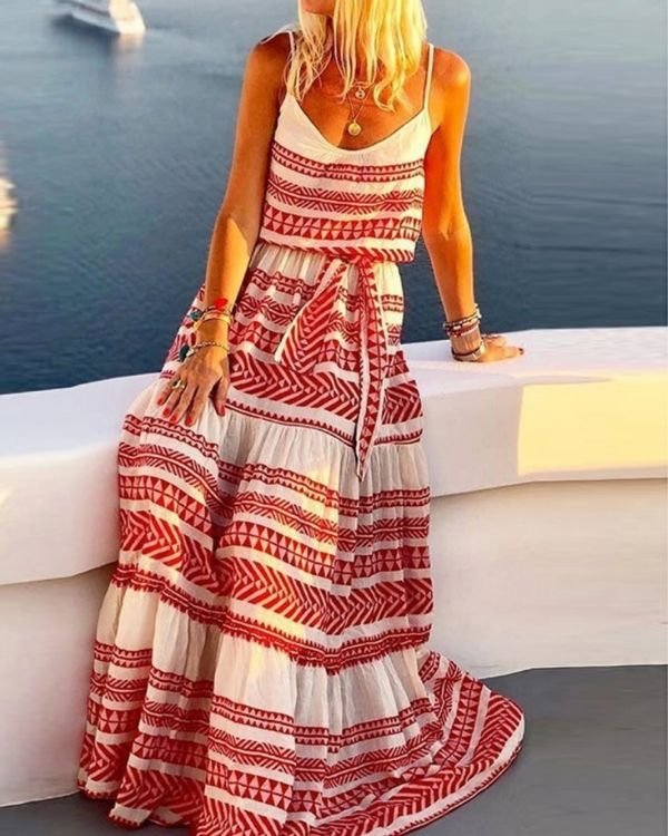 Langes Damen Sommerkleid mit Ethno Mustern auf dem Kleid verteilt -  Maxikleid online kaufen 
